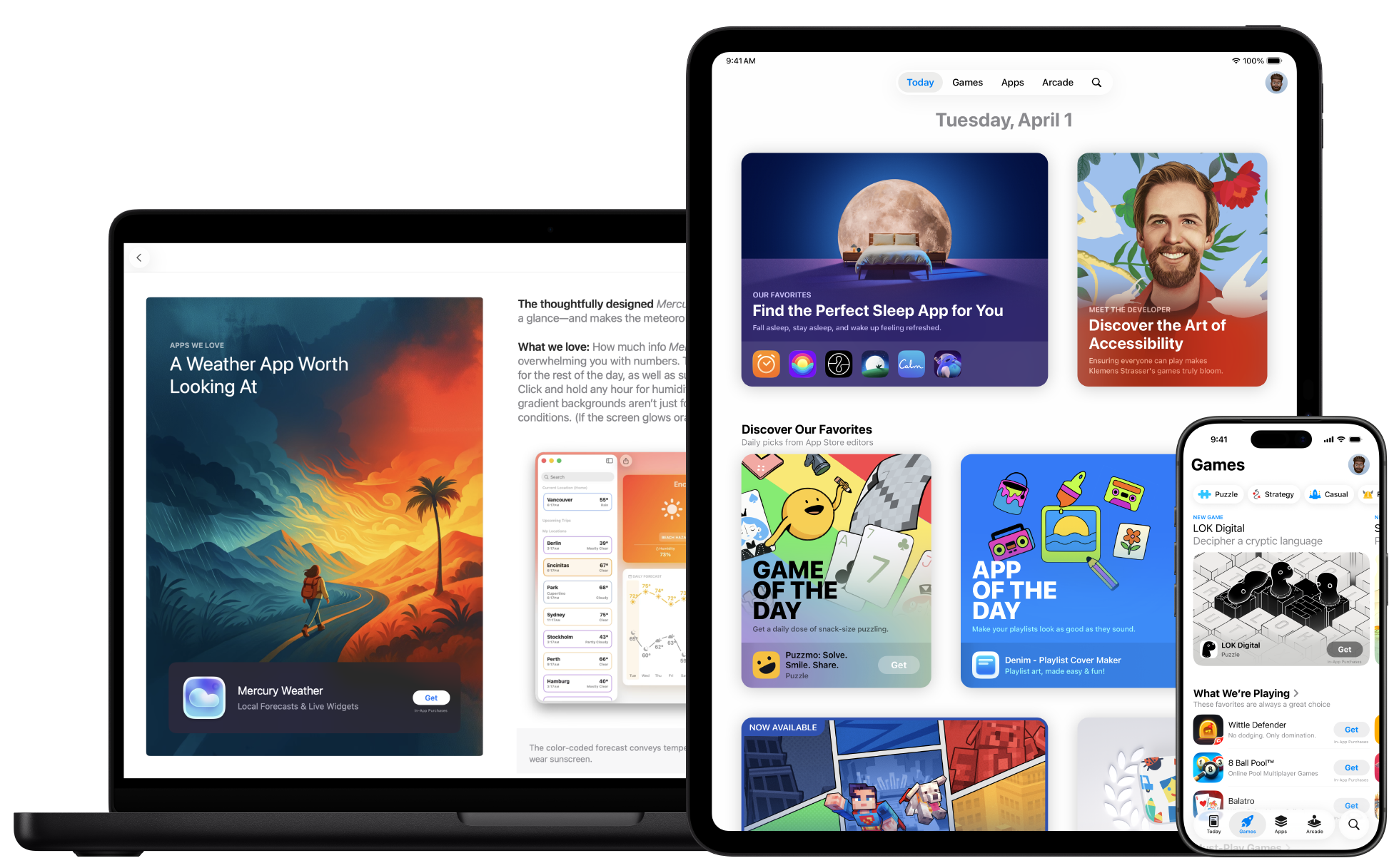 A MacBook, iPad, and iPhone, each showing developer stories featured on the App Store.