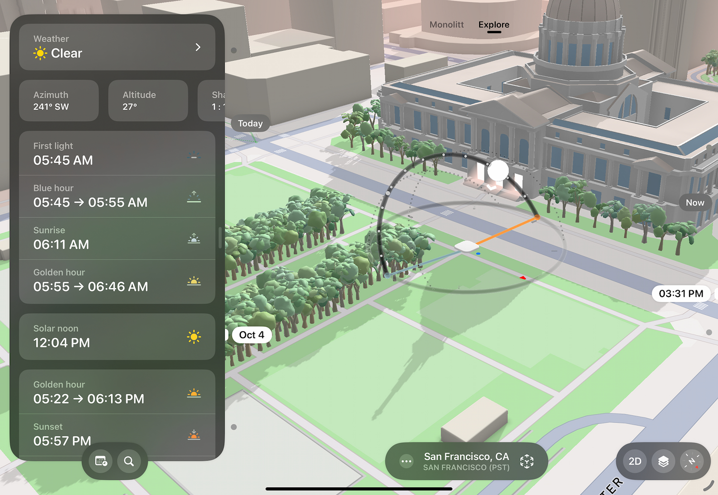 A screenshot from the app Sunlitt, showing a person's location, represented by a small white cube, and the sun's position over it, all on a screen that shows a park and city building. On the left side of the screen is a graphic showing sunrise and sunset data.