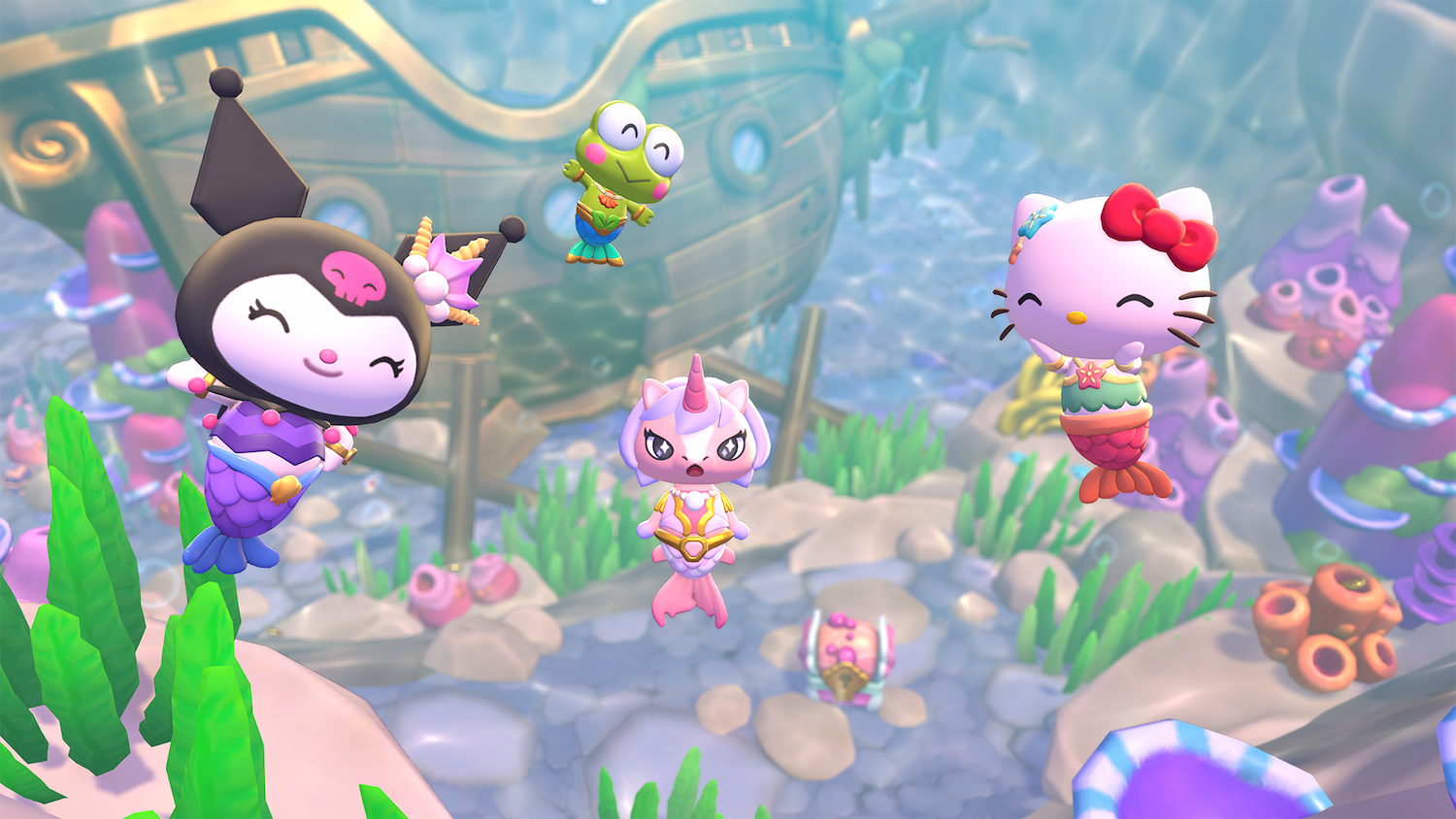 『Hello Kitty Island Adventure』のスクリーンショット。沈没船と色とりどりの海の生き物が描かれた水中シーンに、クロミ、けろっぴ、ハローキティ、プレイヤーのカスタムアバターといったカラフルなキャラクターのアニメーションが映っている。