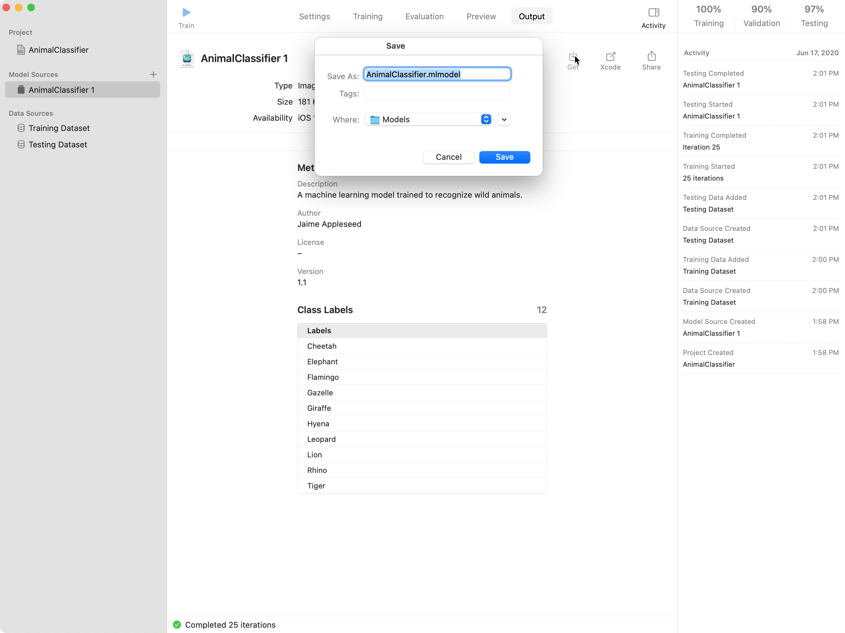 这个截屏显示了项目窗口的“Output”(输出) 标签页,其中显示了用户点按“Get”(获取) 按钮后出现的模型存储对话框。“Get”(获取) 按钮的图标是带有向下箭头的方框。