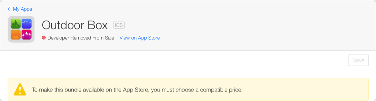Screenshot of a warning message that reads “To make this bundle available on the App Store, you must choose a compatible price.” displays on the App bundle detail page.