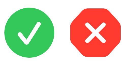 Example of accessible status indicators: a green circled checkmark glyph and a red octagon containing an 'X'. This design uses both color and shape to differentiate.