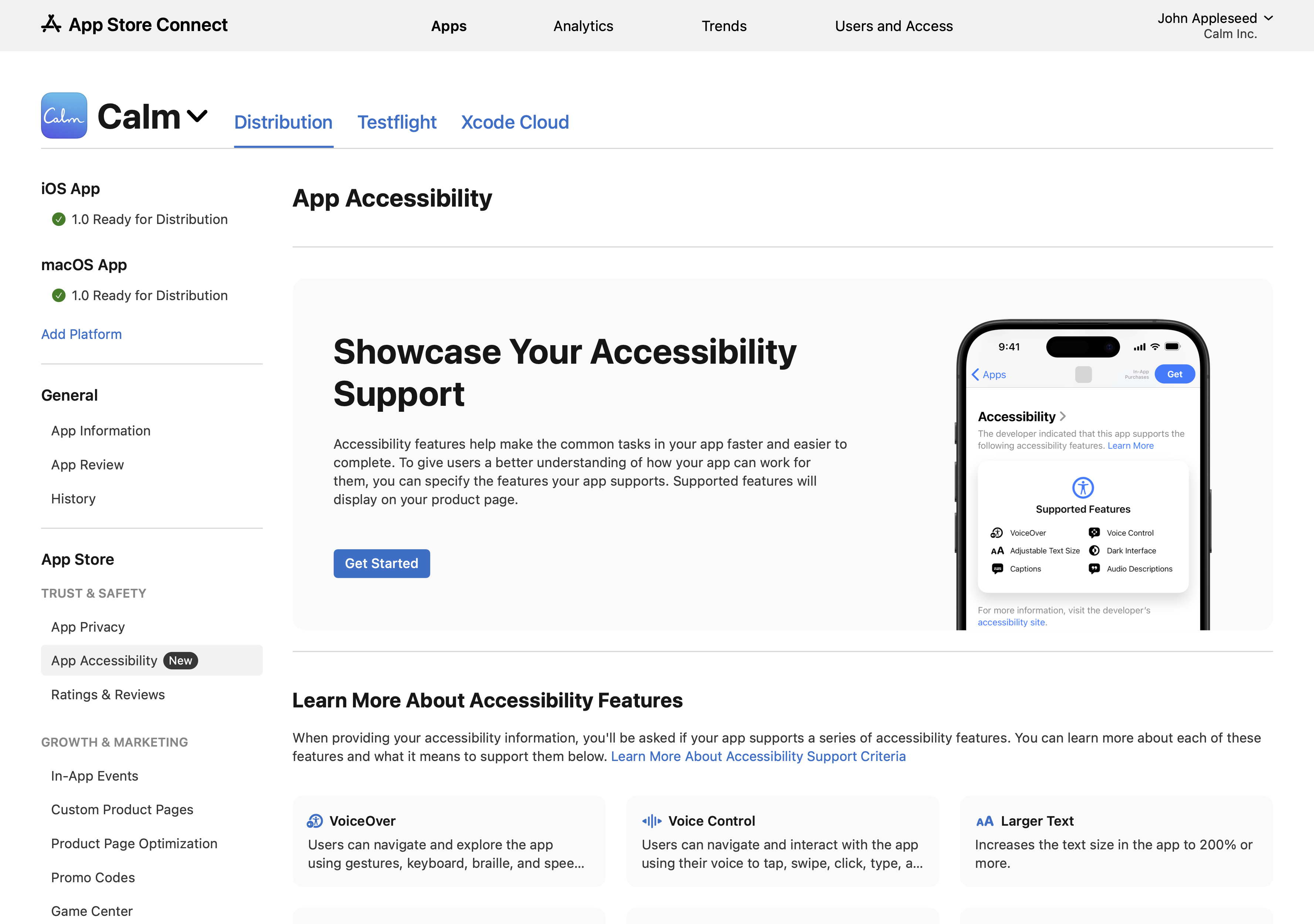 Screenshot of the "App Accessibility" page shows a section to showcase accessibility support with a "Get Started" button, a mobile device displaying the accessibility features supported by the app, and a section to learn more about accessibility features such as VoiceOver, Voice Control, and Larger Text.