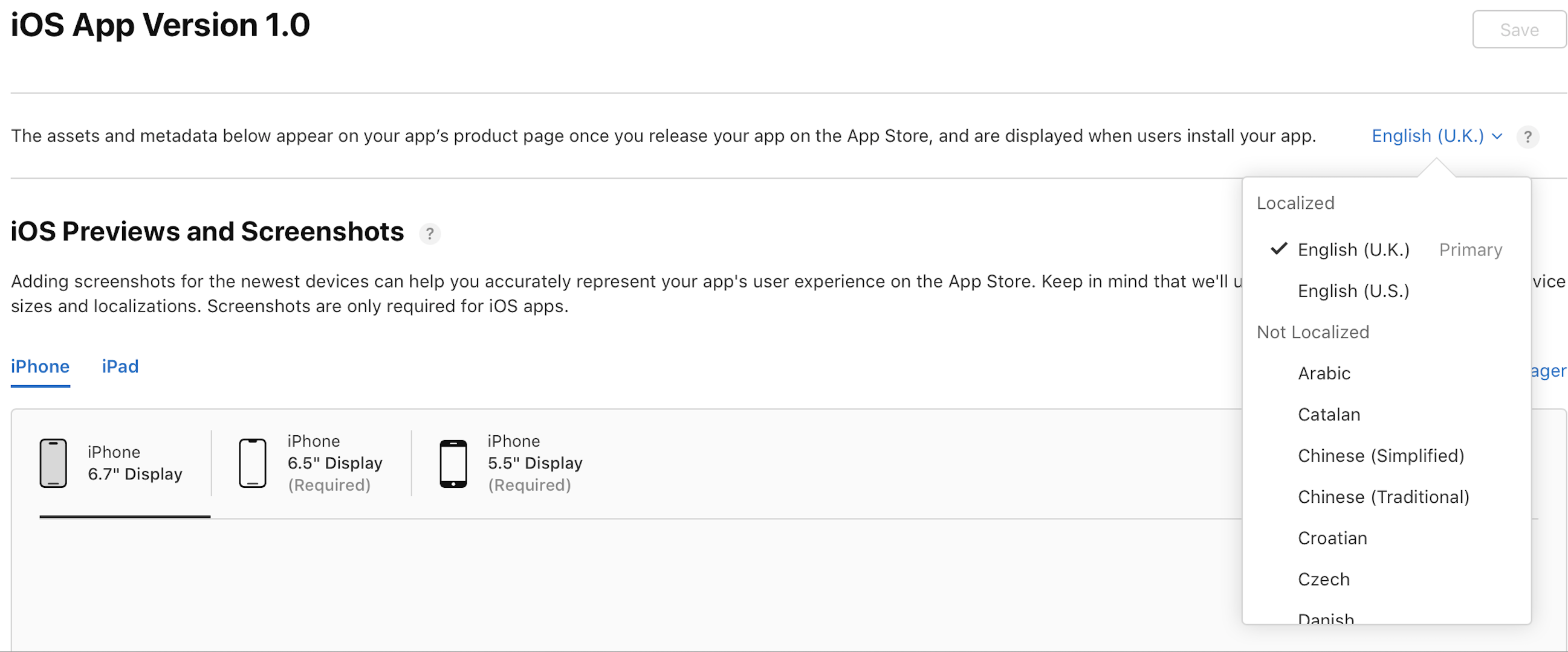 Screenshot of the iOS app version metadata page, with a pointer clicking a language listed in the top right opens the language menu.