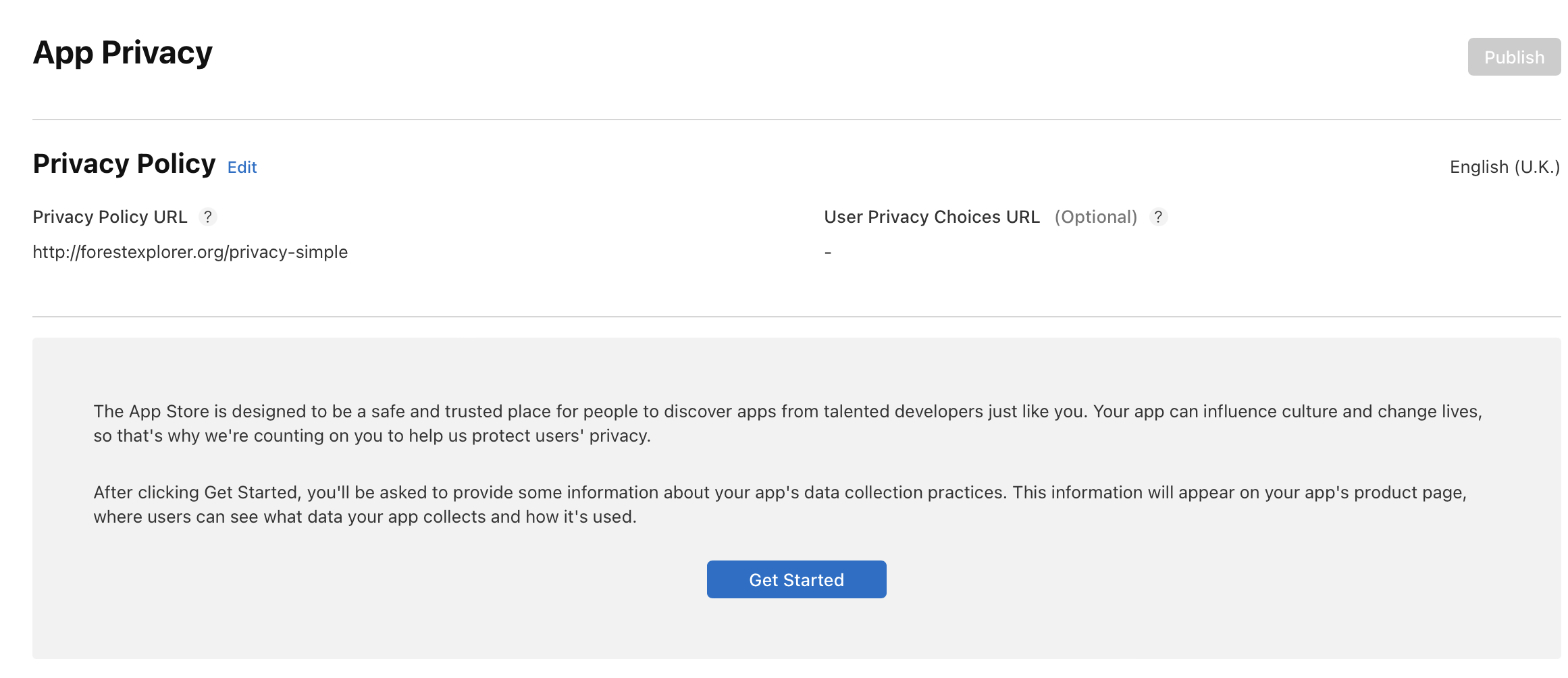 Screenshot of the Privacy Policy section on the App Privacy page that has a Get Started button.
