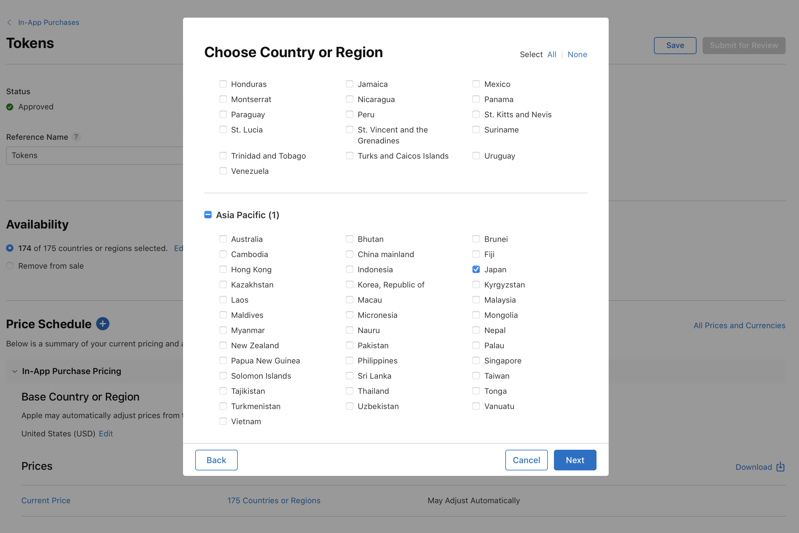 Screenshot of a Choose Country or Region  pop-up window. It lists countries alphabetically under Availability and there are navigation buttons like Select All, None, Cancel, Back, and Next.