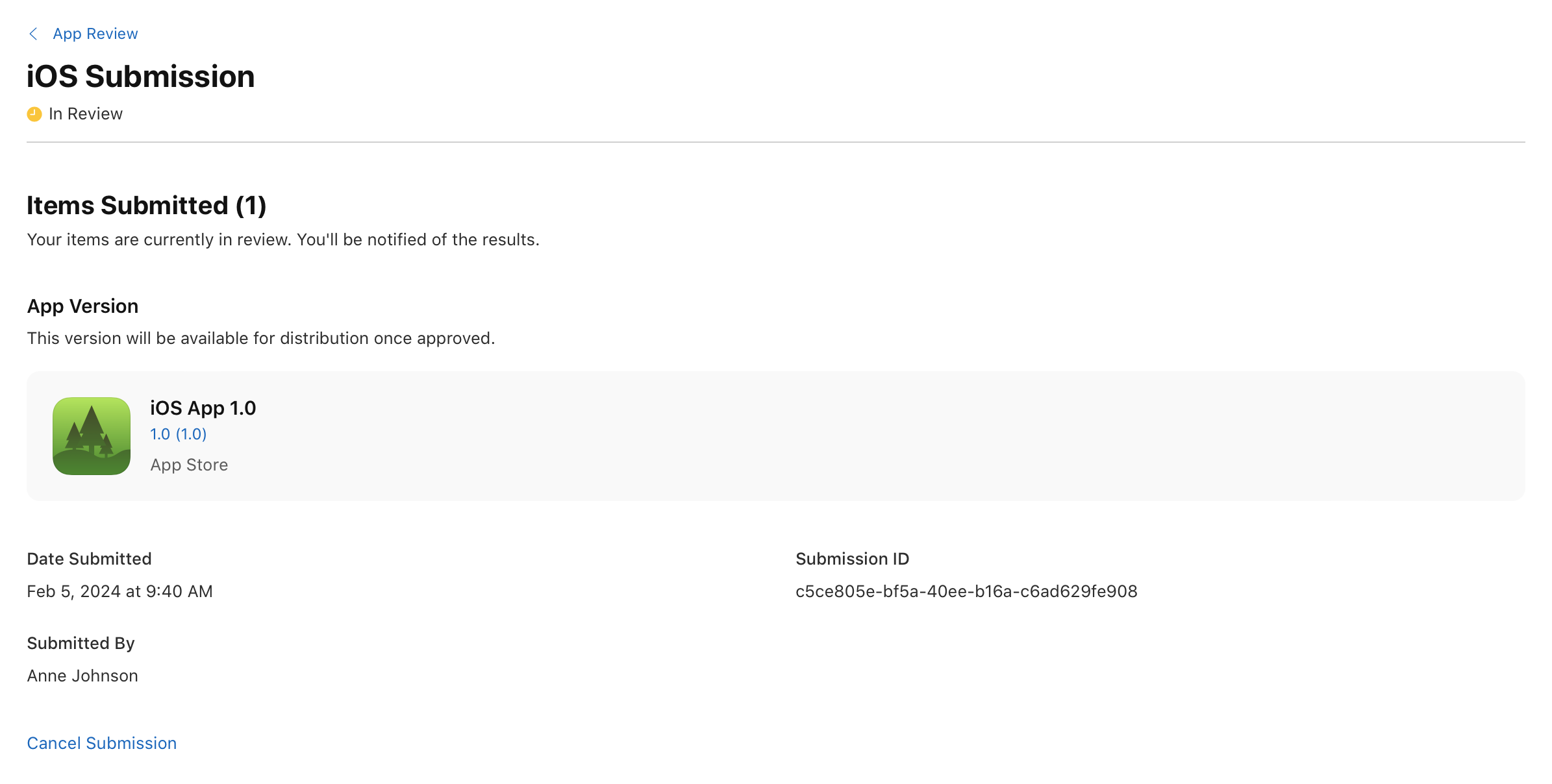 Screenshot of the iOS Submission page. On the iOS Submission page, the submitted app version lists under "Items Submitted (1)." At the bottom left, there is a clickable link to cancel the submission.