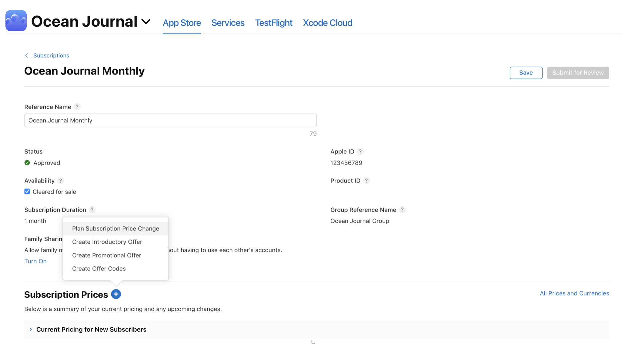 Ocean Journal Monthlyのサブスクリプション管理オプションを示すスクリーンショット。このページには、ステータス、Apple ID、製品IDなどの詳細情報に加え、サブスクリプション価格の調整およびオファーの作成のためのオプションが表示されている。