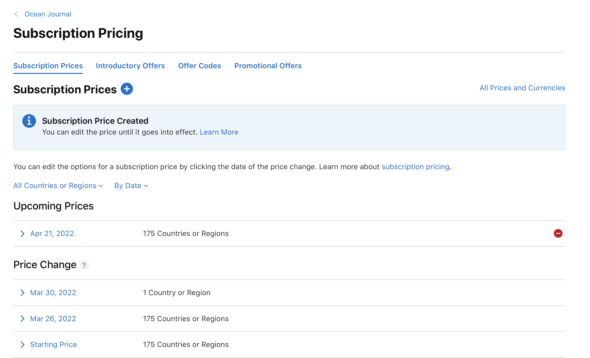 サブスクリプション価格が新しく作成されたことを示す「サブスクリプション価格」のスクリーンショット。「サブスクリプション価格が作成されました」という通知と詳細情報を表示するためのオプションがある。今後の価格変更予定日として、2022年4月21日(175の国または地域)、2022年3月30日(1つの国または地域)、2022年3月26日(175の国または地域)が表示されている。サブスクリプション価格についての詳細を表示するためのリンクがある。