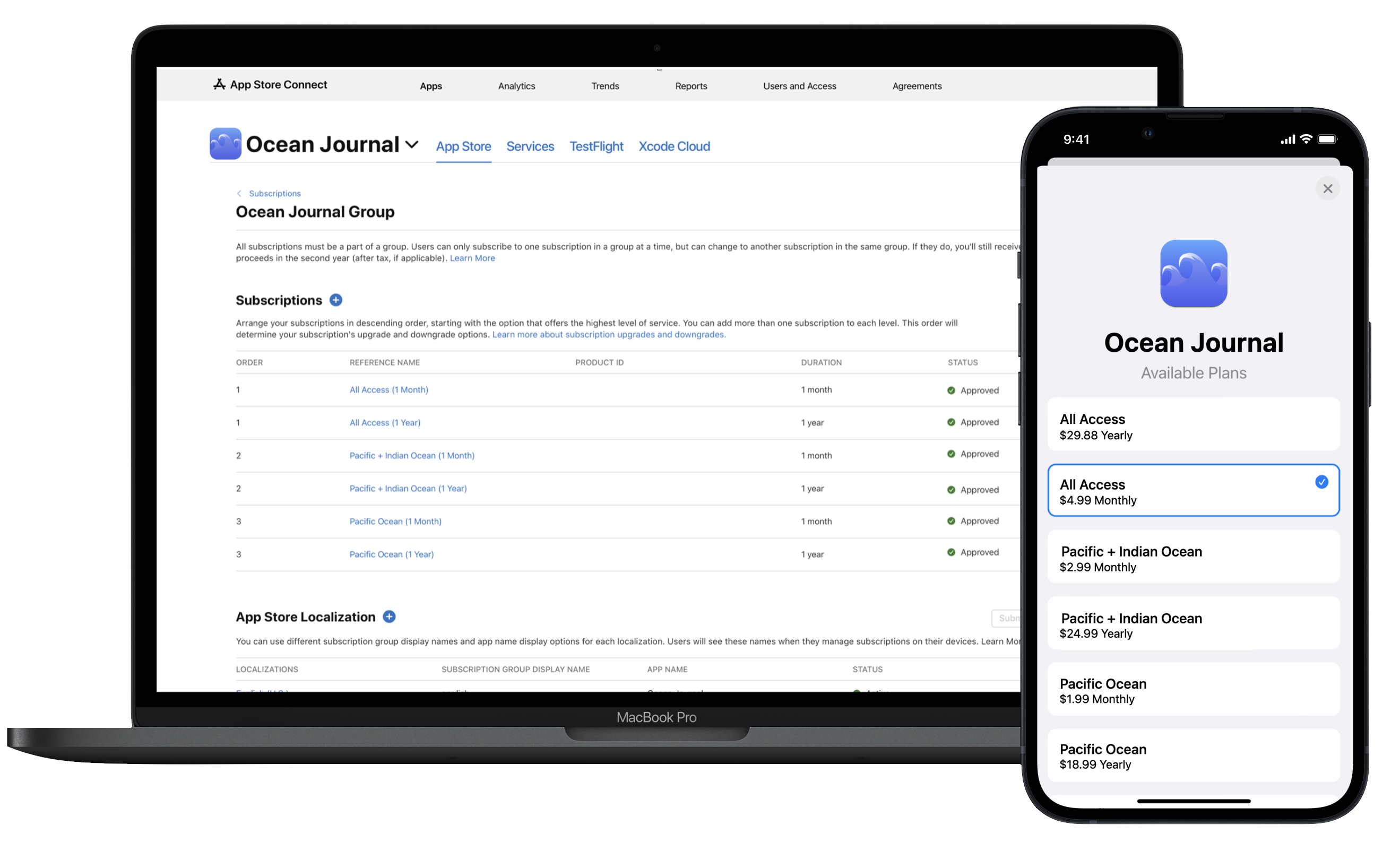 A MacBook Pro screen and a mobile phone screen. The screens show a subscription page for an app called Ocean Journal. The page shows the App Store Connect navigation menu at the top and the Subscriptions page below with one available subscription option listed.