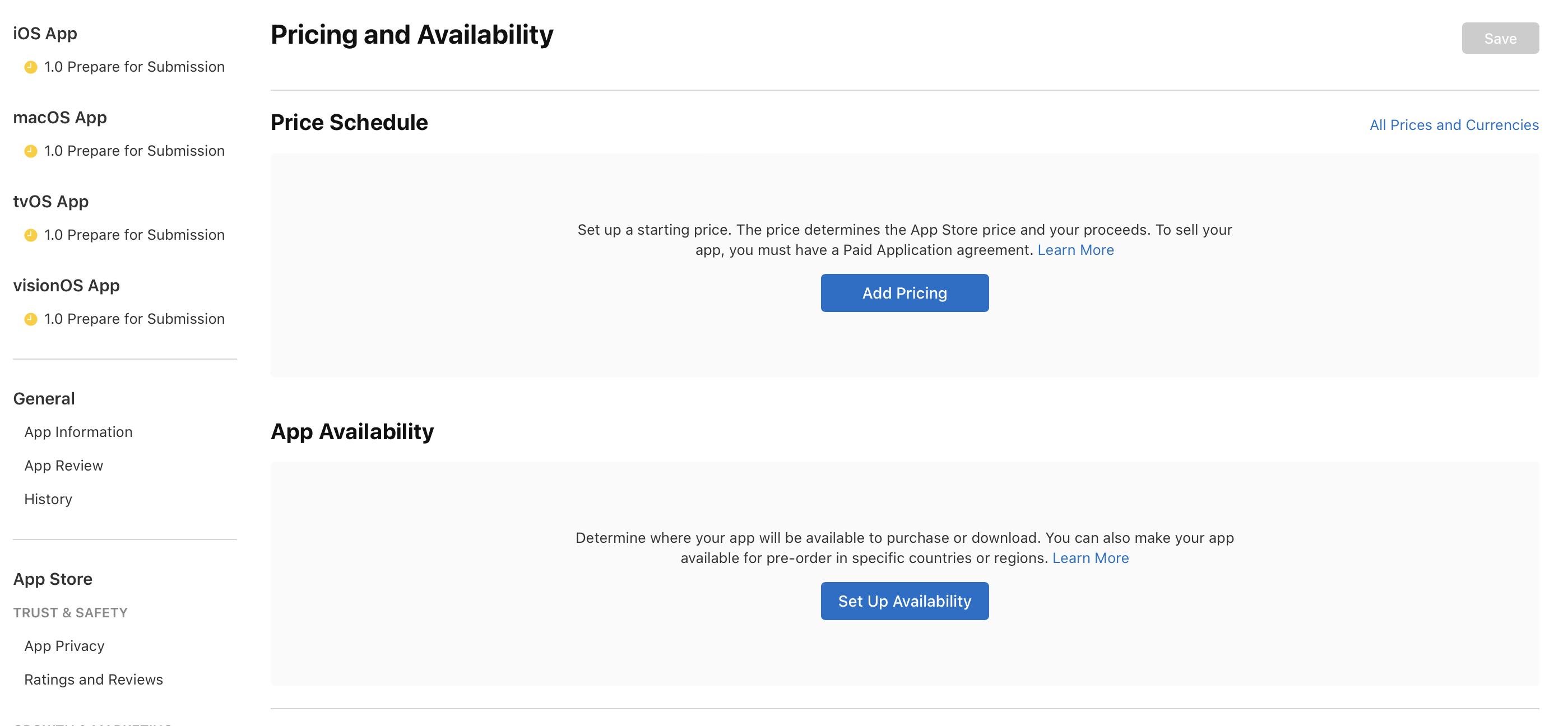 Screenshot of the Pricing and Availability page, where the App Availability section has a Set Up Availability button.
