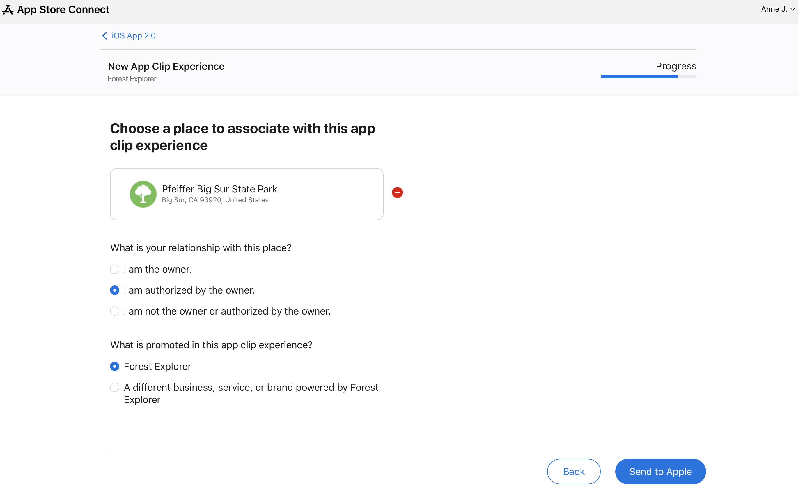 Screenshot of "choose a place to associate with this app clip experience."