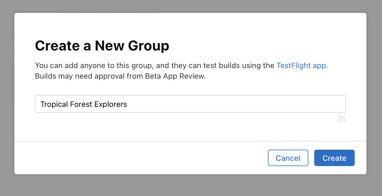 Screenshot of the Create a New Group dialog pop-up window displaying a field to enter a new group name. The Cancel and Create buttons in the bottom right.