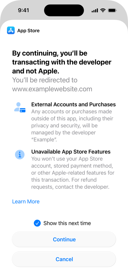 iPhone 屏幕显示了系统提供的用于外部网站付款处理的披露弹窗