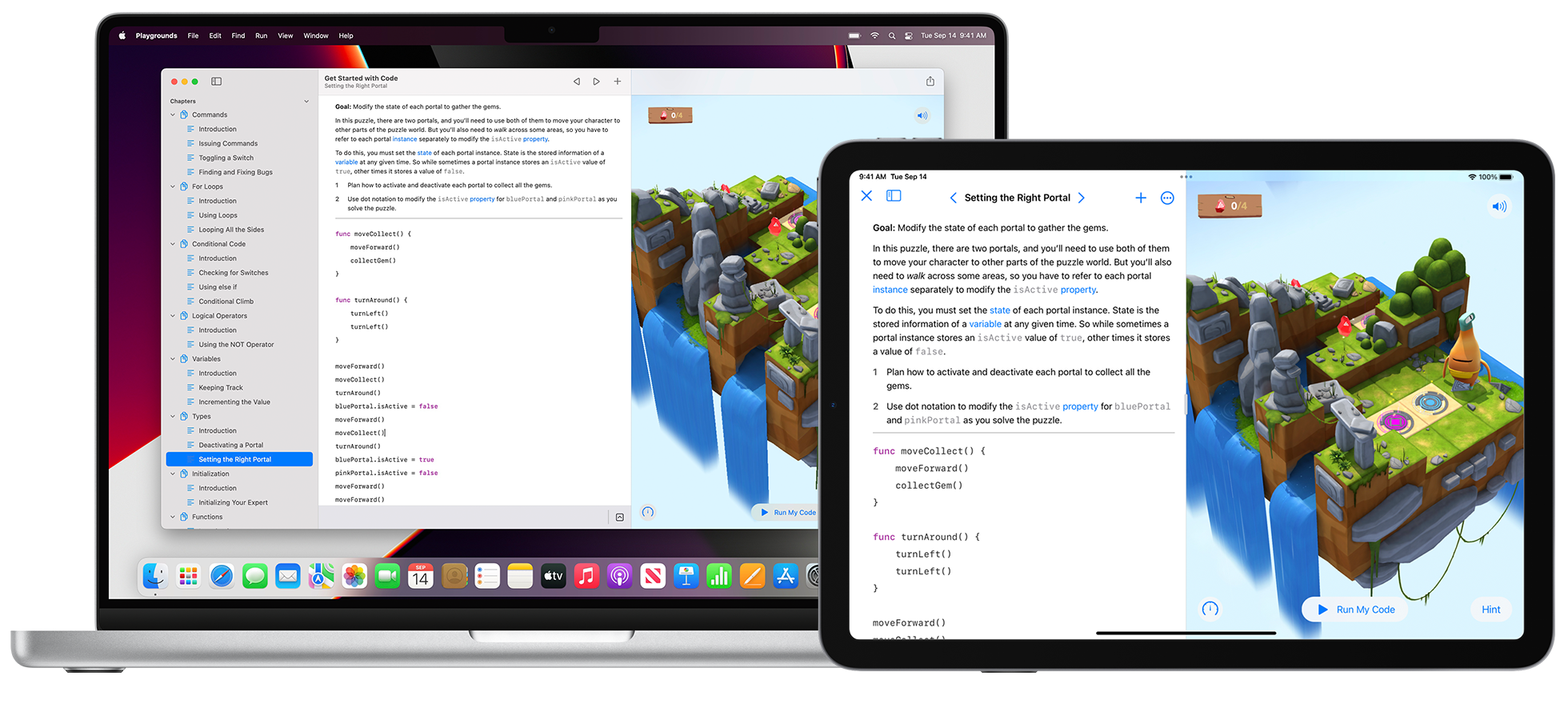 Swift Playgroundのインタラクティブなコードレッスンが表示されているMacとiPad